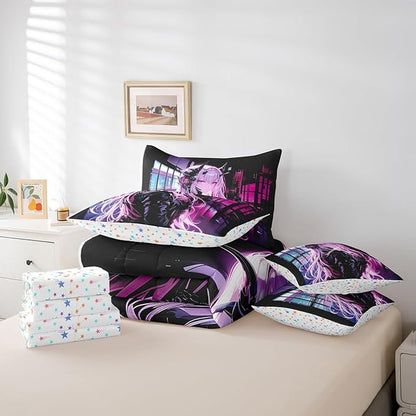 Erosebridal Japanese Anime 7 Piece Comforter Set Queen Size, Anime Girl Bed in A Bag Kawaii Japanese Style Bedding Set Cartoon Japan Animation Bed Set for Boys Teens Adult Women Bedroom Decor