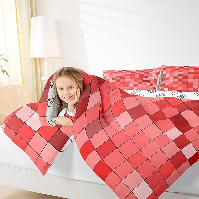 Manfei Pixelated Kids Comforter Set Twin Size,Patchwork Grid Video Games Bedding Set Boys Girls Room Decor,Miners Lattice Simple Quilt Comforter,Red Duvet Set Bedroom Quilt Set,1 Pillowcase