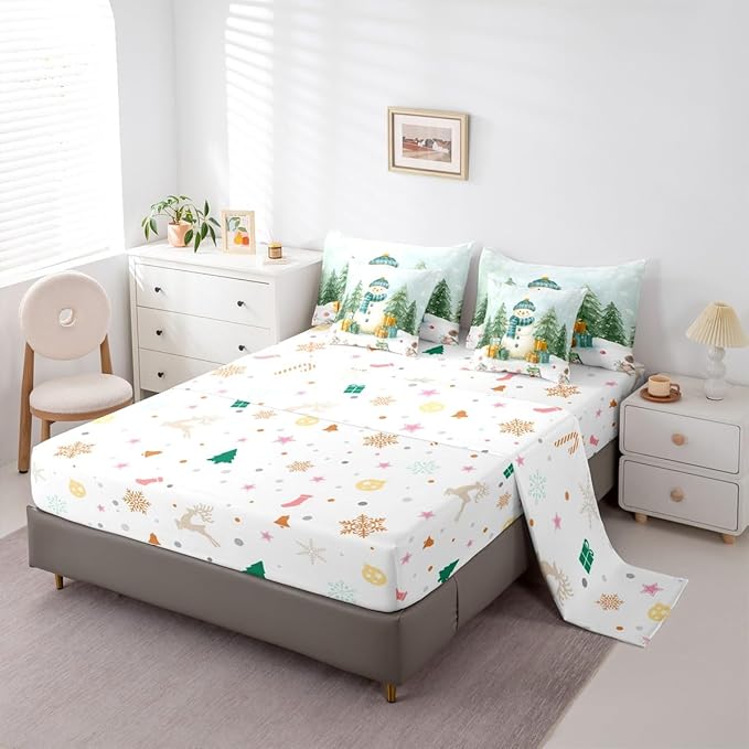 Kawaii Snowman Comforter Set 7 PCS,Cartoon Christmas Trees Gifts Bed Set for Girls Kids,Winter Christmas Theme Bed in a Bag Bedding Set with Comforter,Sheet Set,Pillowcases,Pillow Covers,Full