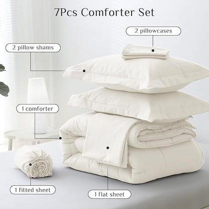 JOLLYVOGUE King Comforter Set, Ultra-Soft Bed in a Bag King Size 7 Pieces, Oeko-TEX Certified Bedding Set with Down Alternative Comforter, Sheets, Pillowcases & Shams, Ivory