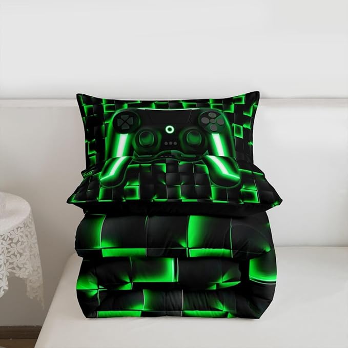Erosebridal Gamer Comforter Full Bedding Sets for Boys 3D Geometric Gaming Comforter Set for Kids Girls Men,Neon Ombre Checkered Game Console Bed Set Lightweight Quilt Duvet 3 Piece Black Green