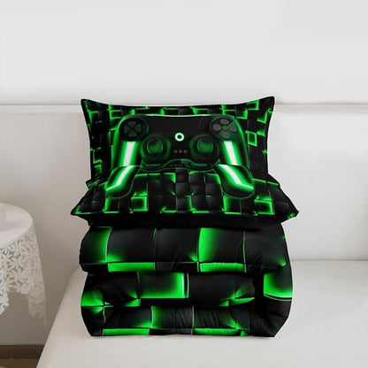 Erosebridal Gamer Comforter Queen Bedding Sets for Boys 3D Geometric Gaming Comforter Set for Kids Girls Men,Neon Ombre Checkered Game Console Bed Set Lightweight Quilt Duvet 3 Piece Black Green