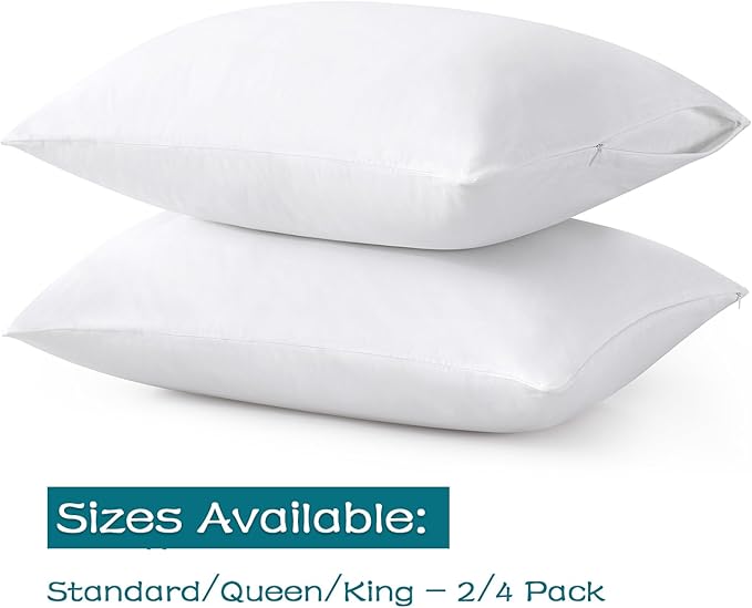 100% Cotton Zippered Pillow Cases Standard Size Set of 4, Super Soft & Breathable Pillow Protectors with Zipper, White Pillow Case Covers 20x26 Inches