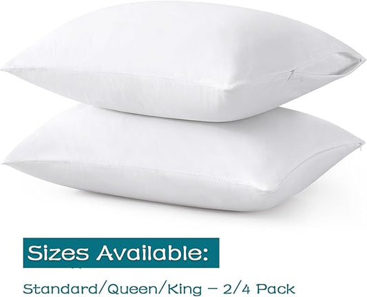 100% Cotton Zippered Pillow Cases Queen Size Set of 4, Super Soft & Breathable Pillow Protectors with Zipper, White Pillow Case Covers 20x30 Inches
