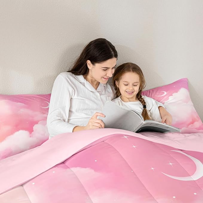 Moon and Stars Comforter Set Twin,Pink White Tie Dye Bedding Set for Girls Women Room Decor Reversible Aesthetic Marble Down Alternative,Galaxy Space Quilted Duvet Insert Cute Warm All Season