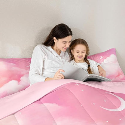 Moon and Stars Comforter Set Full,Pink White Tie Dye Bedding Set for Girls Women Room Decor Reversible Aesthetic Marble Down Alternative,Galaxy Space Quilted Duvet Insert Cute Warm All Season