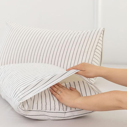 MooMee Bedding Pillowcases Striped Pack of 2 100% Washed Cotton Linen Like Textured Breathable Durable Soft Comfy (White Dark Grey Wide Stripes, Standard)