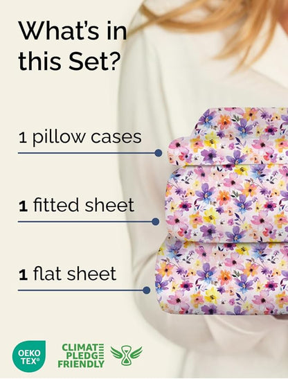 Floral Sheets - Pink Flower Bed Sheet Set - 1 Flat, 1 Fitted & 1 Pillowcase w/ Deep Pockets - Comfy, Cozy, Wrinkle & Fade Free - Boho Botanical Bedding - Soft, Breathable and Cooling - Twin Size Set