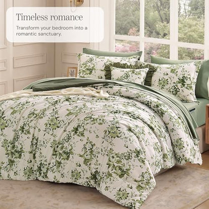 BLOOMHAVEN King Size Comforter Set-7 Pieces Green Floral Bed in a Bag King