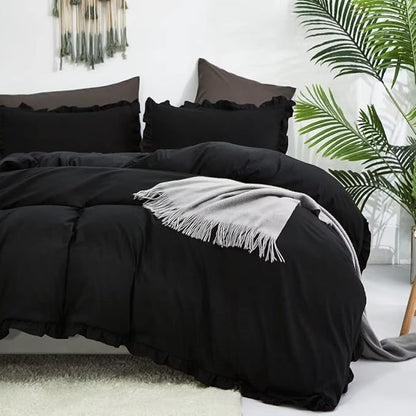 CLOTHKNOW Black Queen Comforter Set 3Pcs Ruffle Bedding Comforter Sets Shabby Chic Comforter Queen with 2 x Pillow Cases Farmhouse Bedding