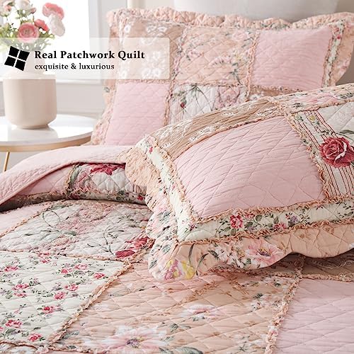 Yvooxny Quilts Queen Size Patchwork Pink Floral Quilt Set Vintage Shabby Chic Botanical Floral Quilted Bedspread 3-Piece Quilt Set with Ruffle for All Seasons, Queen Size, 98 * 90 Inches