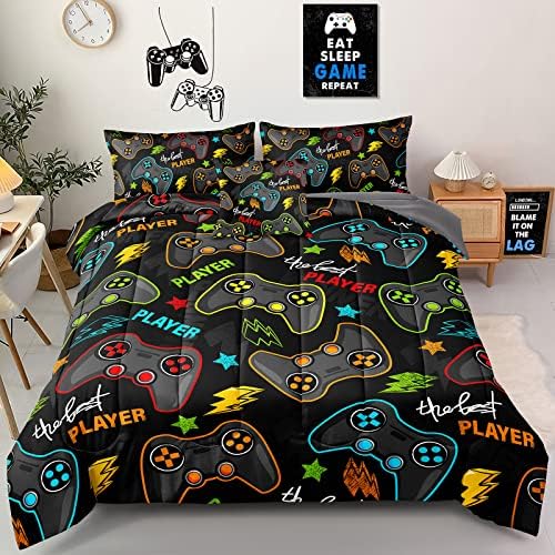 6 Pieces Gaming Bedding Set Queen Size for Boys Gamer Comforter Set for Boys Girls Kids Teens 6 Piece Bed in A Bag Video Game Bedding for Gamer Room Decorative Queen25