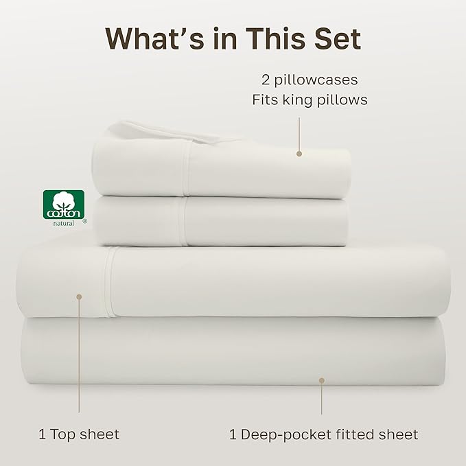 California Design Den King Bed Sheets Set - Soft 400 Thread Count Sateen, Natural 100% Cotton Sheets, Deep Pockets, All Around Elastic for a Snug Fit, Durable Bedding Set - Ivory (Pale Tone)