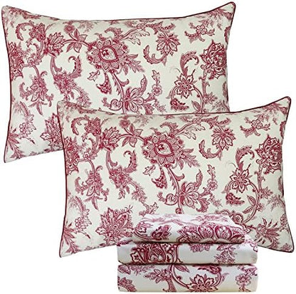 FADFAY Red Floral Bedding Elegant Bed Sheets Set Luxury Bedding Collections 800 Thread Count 100% Egyptian Cotton Deep Pocket Fitted Sheet,4 Piece-Twin XL Size