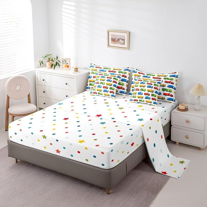 Colorful Garbage Truck Comforter Set 7 Pcs Trash Trucks Decorative Bedding Sets Cartoon Car Recycling Truck Bed in a Bag with Comforter Flat Sheet Fitted Sheet 2 Pillowcases 2 Pillow Covers,Full