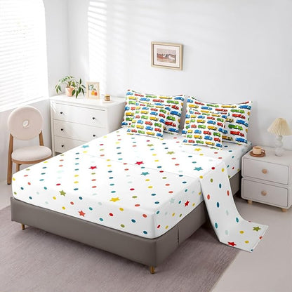 Colorful Garbage Truck Bedding Sets 7 Pcs Cartoon Car Recycling Truck Comforter Set Trash Trucks Decorative All Season Comforter Flat Sheet Fitted Sheet 2 Pillowcases 2 Throw Pillow Covers,Queen