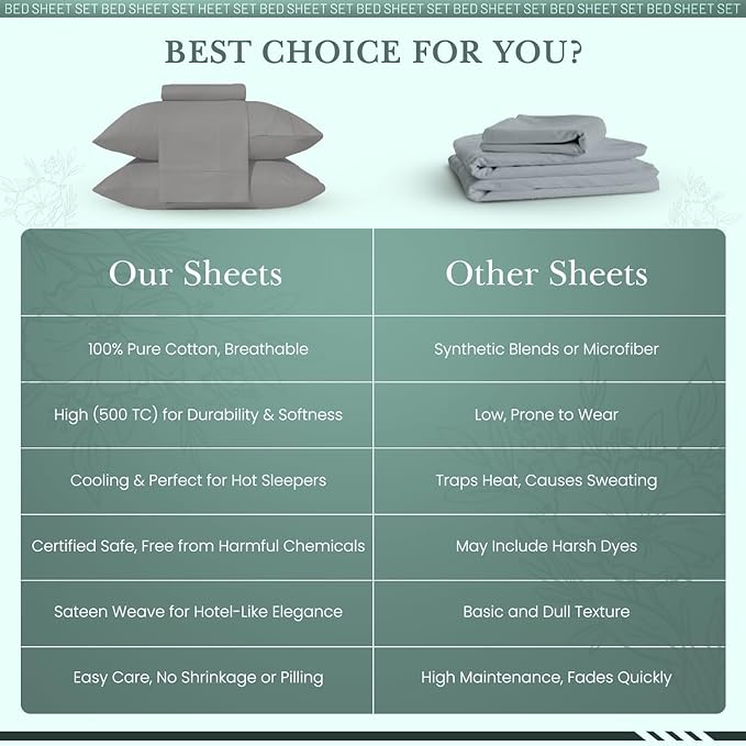 Feather & Stitch 500 TC King Size 4pc Damask Bed Sheet Set, 100% Soft Cotton Breathable Bedsheets, 18" Deep Pockets Sateen Weave Striped Bedding Mattress Resort Hotel Luxury Decor - (Charcoal Slate)