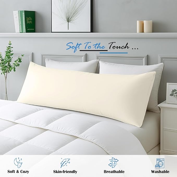 Comfort Beddings Body Pillowcase, 100% Organic Cotton 600 Thread Count Sateen, Soft Cooling Ivory, 1-Pack, Hidden Zipper Closure, Hotel Quality, Fade & Shrink Resistant, 20 x 60 Inches