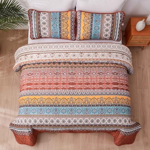 WONGS BEDDING Boho Quilt Queen Size,3 Pcs Bedspread Set, Burnt Orange