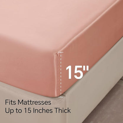 BEDELITE Satin Sheets Twin Size Bed Set, Luxury Soft Coral Pink Silky Sheets for Hair and Skin, Similar to Silk Bed Sheets Set 3 Pieces with 1 Deep Pocket Fitted Sheet, 1 Flat Sheet, and 1 Pillowcase