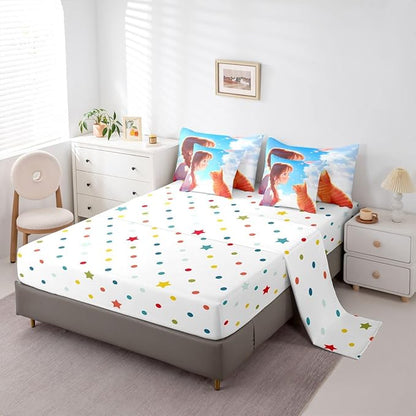 Erosebridal Japanese Anime Kids Bed in A Bag Cute Cartoon Girl Bedding Set Black Cat Animal King Comforter Set 7 Piece Romantic Aesthetic Girly Sheet Set with Comforter