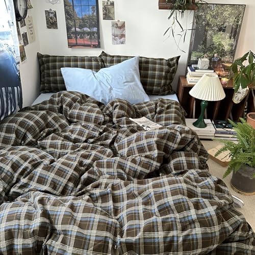 mixinni Vintage Buffalo Plaid Duvet Cover Set Full Size - 3 Piece Washed Cotton Bedding Set with Grid Pattern, Soft & Breathable Duvet Cover with Pillowcases for All Seasons,(Brown & Blue, Beige)