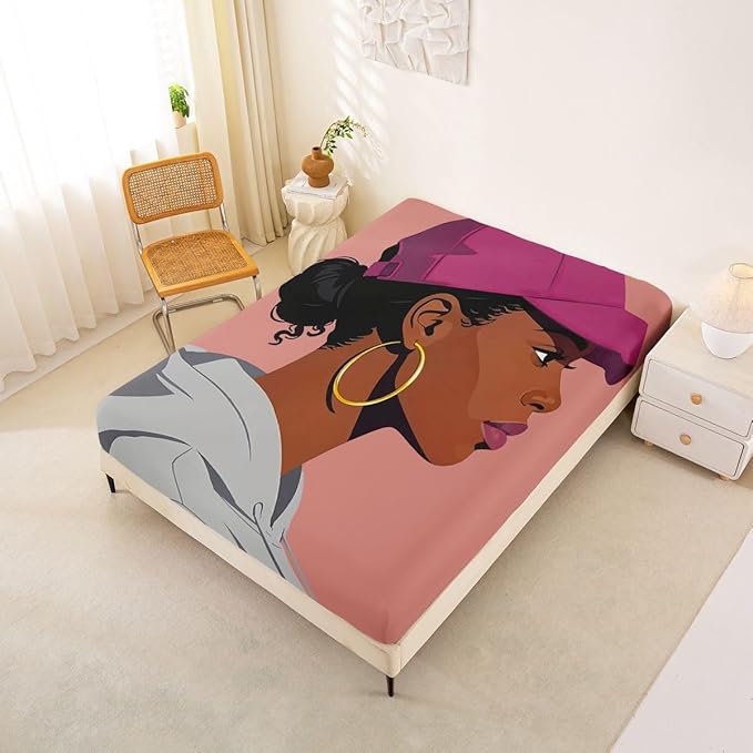 Erosebridal Black Girls Girls Bed Sheets Full Size Fashion Black Woman Fitted Sheet Vogue Fashionable Gorgeous Bedding Set for Kids Children Women Bedroom Decor African Princess Magical Sheets