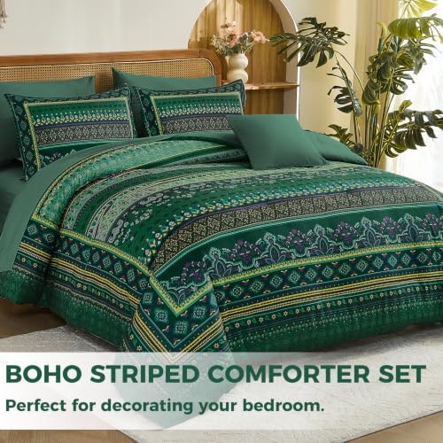 Green Boho Comforter Set Queen Size,8 Pieces Striped Bed in a Bag