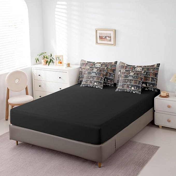 Feelyou Magic Bookshelf Comforter Set 7 Pieces King Size Vintage Library Bedding Set for Boys Girls Book Skull Bed in a Bag with Comforter, Sheets, Pillowcases & Cushion Covers