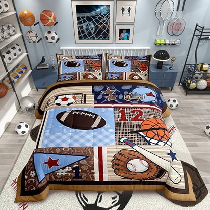 Football Baseball Basketball Comforter Set Queen,Brown Geometric Patchwork Bedding Set 3pcs for Kids Teens Boys Room Decor,Ball Sports Game Duvet Insert Colorful Quilted Duvet with 2 Pillowcases
