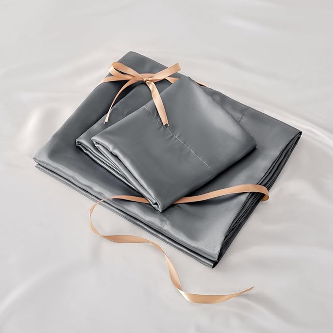 BEDELITE Satin Sheets Twin XL Size Bed Set, Luxury Soft Dark Grey Silky Sheet for Hair and Skin, Similar to Silk Bed Sheets Set 3 Pieces with 1 Deep Pocket Fitted Sheet, 1 Flat Sheet, and 1 Pillowcase