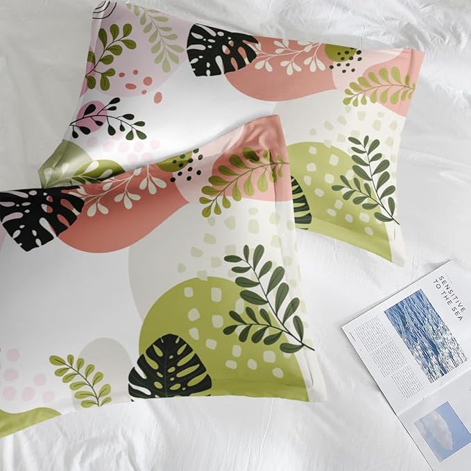 Comforter Set Queen Size, Tropical Leaves 7 Pcs Bedding for Kids and Adults, Colorful Bed Sheet Sets with Fitted Sheet 2 Pillowcase & 2 Sham for Bedroom Bed Decor