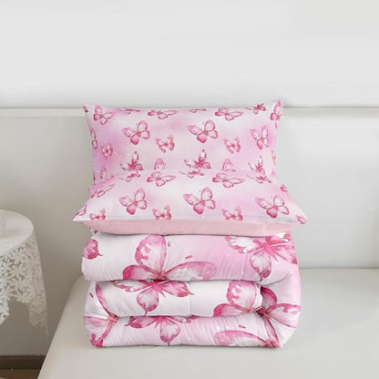 Erosebridal Pink Butterfly Comforter Set for Kids Boys Girls 3D Pink Dreamy Butterfly Bedding Colorful Ink Stick Printing Duvet Set All Season Microfiber Comforter Full with 2 Pillowcases