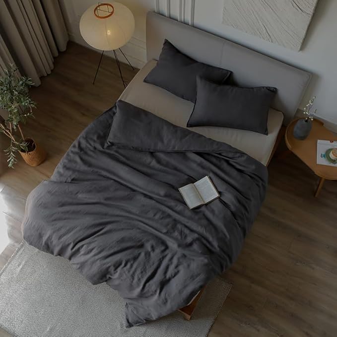 XZ XIFA 100% Linen Bedding Set: Cooling & Breathable King Size Duvet Cover in Dark Grey. Made from Natural Washed French Flax for a Soft, Textured Feel. Complete with 1 Cover and 2 Pillowcases