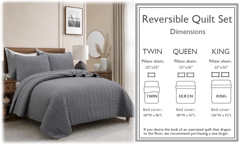 Cozy Line Home Fashions 100% Cotton Quilt Set – 3-Piece Charcoal Gray Solid Classic Modern Geometric Quilted Bedspread with Shams, Lightweight All Season Modern Bedding (Hexagon Gray, Queen)
