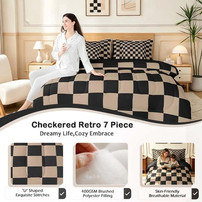 Checkered Retro Comforter Set With Sheets 7 Piece Queen Size Brown Plaid Bed in a Bag Kids Boys Girls Geometric Vintage Bedding Set Modern Simple Groovy Aesthetic Bedroom Decor Breathable Soft
