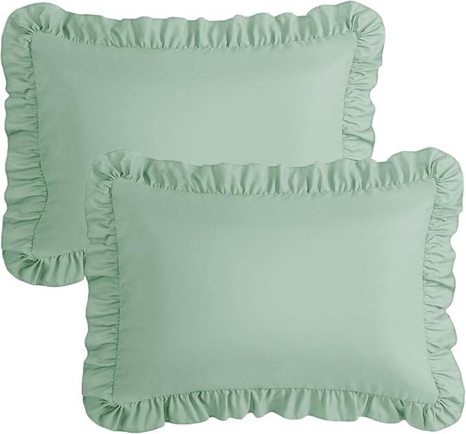 KKJIAF Ruffle Pillow Cases Queen Size Set of 2, Ruffled Pillow Covers with Envelope Closure, Wrinkle Resistant Pillowcases 20" x 30", Sage Green