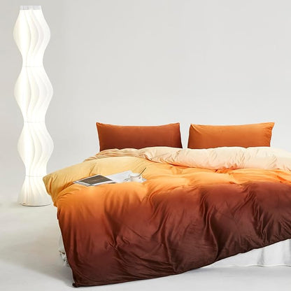Cottonight Velvet Fluffy Comforter Twin Sunset Orange Gradient Flannel Bedding Set Women Men Thick Warm Winter Blanket Quilts Sherpa Micromink Orange and Brown Plush Bedding for Twin Bed