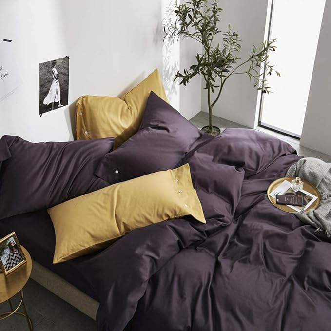 EAVD Modern Style Dark Purple Duvet Cover King Soft Cotton Reversible Purple Bedding with 2 Button Pillowcases Luxury Solid Color Dark Purple Comforter Set with Zipper Closure