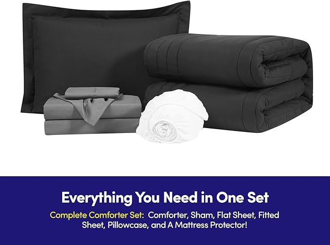 Twin Size Comforter Set Quilted Stripe Bedding Bundle – Comforter, Mattress Protector, Sheets with Pockets on the Side & Built-in Corner Strap – Fitted Sheet Media Pocket for Devices, Black/Charcoal