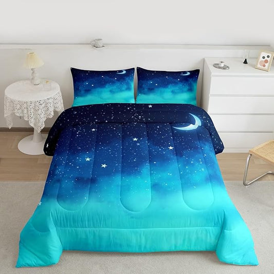 Aesthetic Bedding Set King,3 Piece Star Moon Galaxy Comforter Set for Kids,Kawaii Bed Set Star Space Down Comforter,Soft Reversible Starry Sky Duvet Insert with 2 Pillow Shams(Navy Blue Gradient)