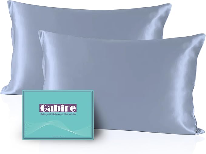 Mulberry Silk Pillowcases Set of 2, Both Sides Real Silk Pillow Covers for Hair and Skin Prevent Acne Pillowcase Organic Silk Pillowcase 2 Pack with Hidden Zipper, Dusty Blue, King (20"×36")