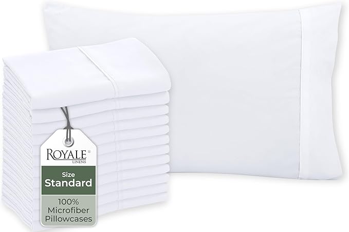 Royale Linen White Pillowcase Set Of 12 - Standard 20"x26" Bed Pillow Cover - 1800 Brushed Microfiber -Wrinkle & Fade Resistant - Bulk Pillow Cases - Hotel Quality Pillowcase 12 Pack (Standard, White)