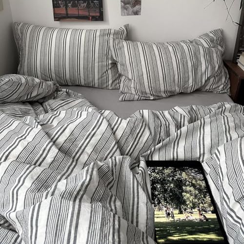 mixinni Vintage Grey & White Striped Comforter Set Twin XL Size - Soft Washed Cotton 3-Piece Neutral Bedding Set, Retro Geometric Pattern, All-Season Breathable & Fluffy for Men, Boys