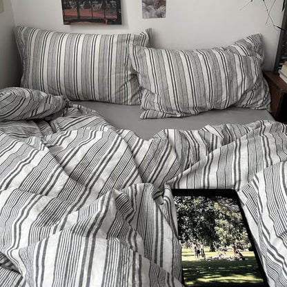 mixinni Vintage Grey & White Striped Comforter Set Twin XL Size - Soft Washed Cotton 3-Piece Neutral Bedding Set, Retro Geometric Pattern, All-Season Breathable & Fluffy for Men, Boys