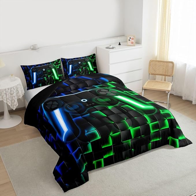 Erosebridal Gamer Boys King Bedding Sets Gaming Comforter Set for Kids Teen Men,3D Neon Lights Ombre Geometric Checkered Gamepad Bed Comforter Set Soft Lightweight Quilt Duvet,Green Indigo Blue