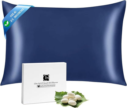 Ravmix Silk Pillow Cases with Zipper, 21momme Mulberry Silk Pillowcase for Hair Skin Health, Soft Smooth Breathable Cool Pillow Cover for Beauty Sleep with Gift Box 1PC(Queen 20"x30", Navy Blue)