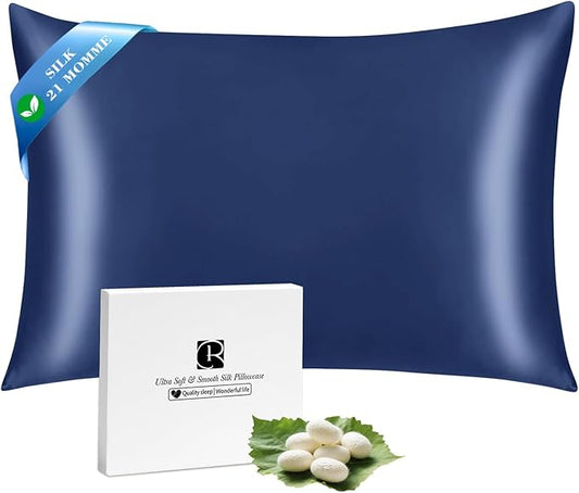 Ravmix Silk Pillow Cases with Zipper, 21momme Mulberry Silk Pillowcase for Hair Skin Health, Soft Smooth Breathable Cool Pillow Cover for Beauty Sleep with Gift Box 1PC(Queen 20"x30", Navy Blue)
