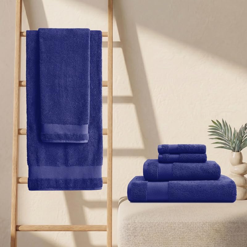 BIOWEAVES 100% Organic Cotton Bath Towel Set | 700 GSM Plush 6-Piece Premium Towel Set GOTS Certified, 2 Bath Towels, 2 Hand Towels & 2 Washcloths - Navy Blue