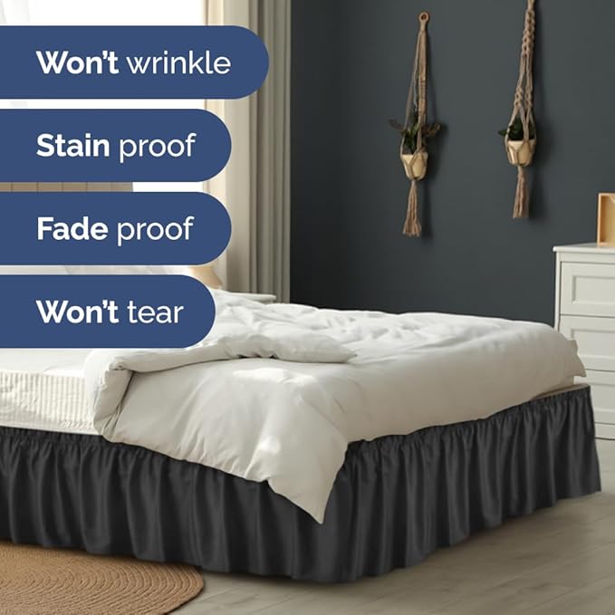 Wrap Around Dust Ruffle Bed Skirt - Black - for Full Size Beds with 18 Inch Drop - Easy Fit Elastic Strap - Adjustable Pleated Bedskirt w/Brushed Fabric - Wrinkle Free - for Women, Men, Kids & Teens
